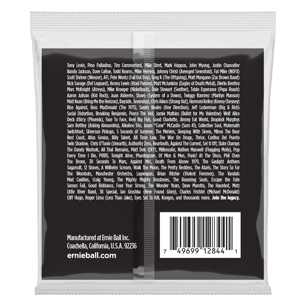 The backside of packaging for Ernie Ball bass strings with brand details on a white background