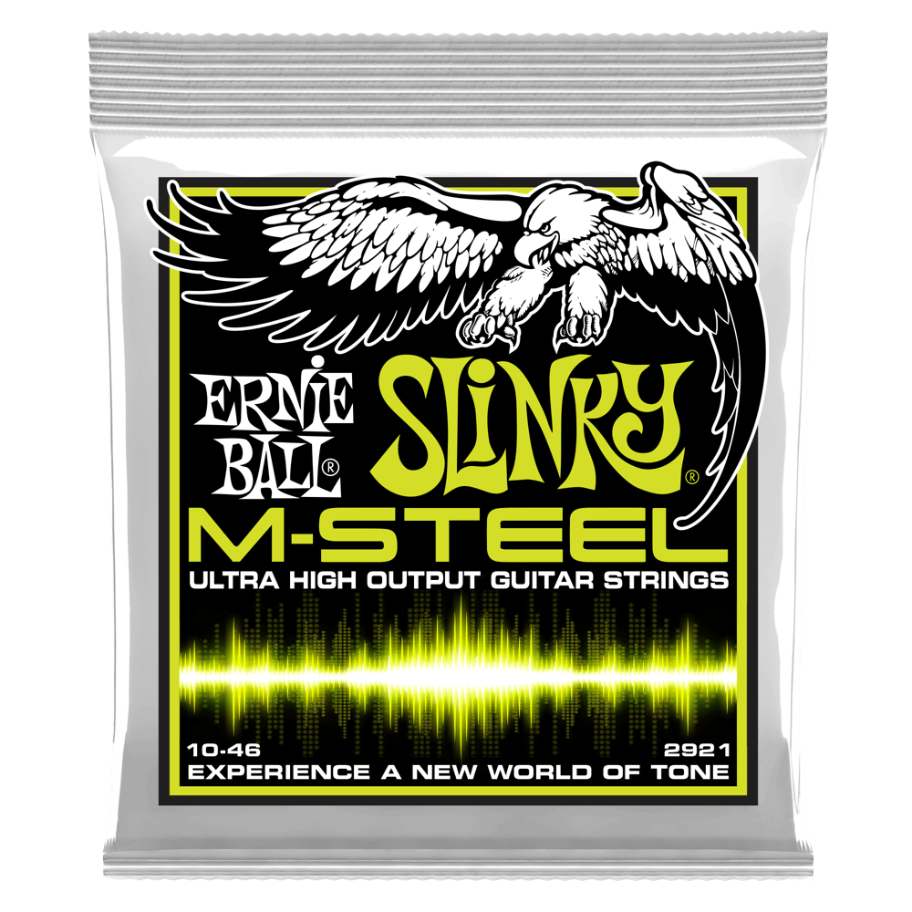 Ernie Ball Slinky M-Steel guitar strings packaging with an eagle illustration.