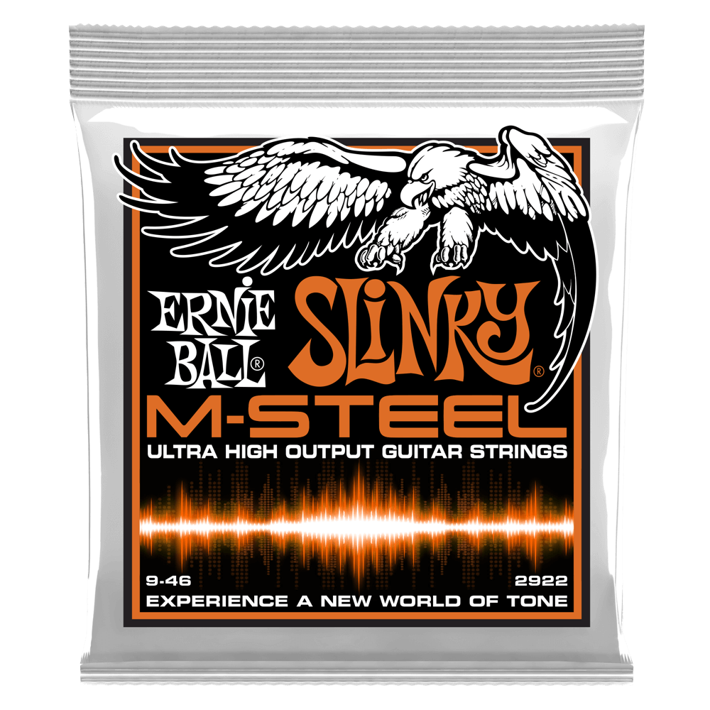 Ernie Ball Slinky M-Steel guitar strings packaging with an eagle illustration.