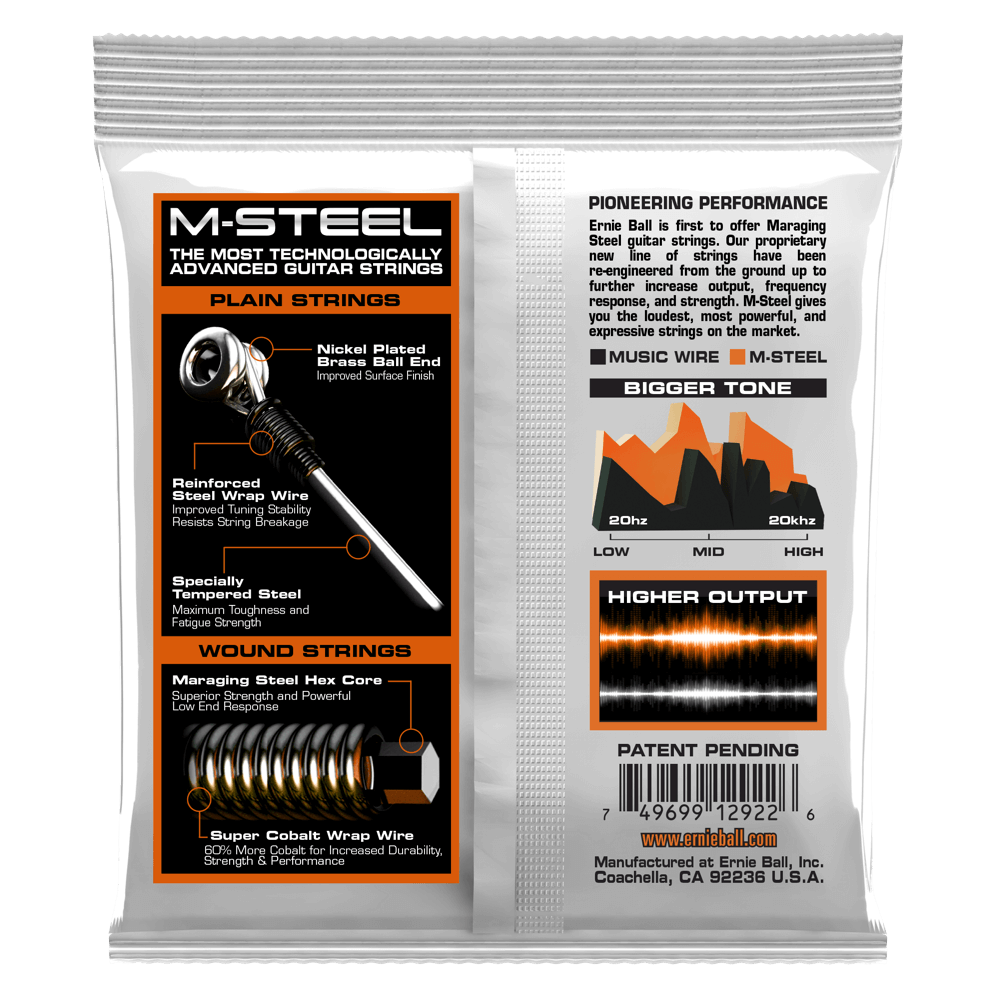 M-Steel guitar strings packaging with technical details on a white background