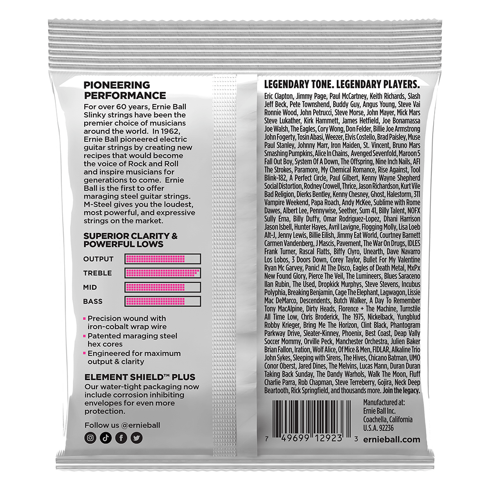 Ernie Ball guitar string packaging with product details and branding on a white background