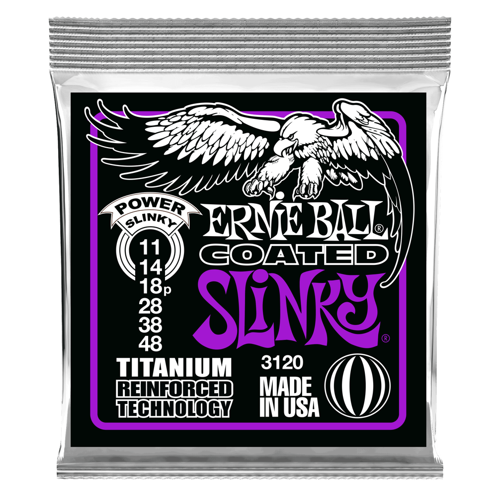 Ernie Ball guitar string packaging with an eagle illustration on a black background