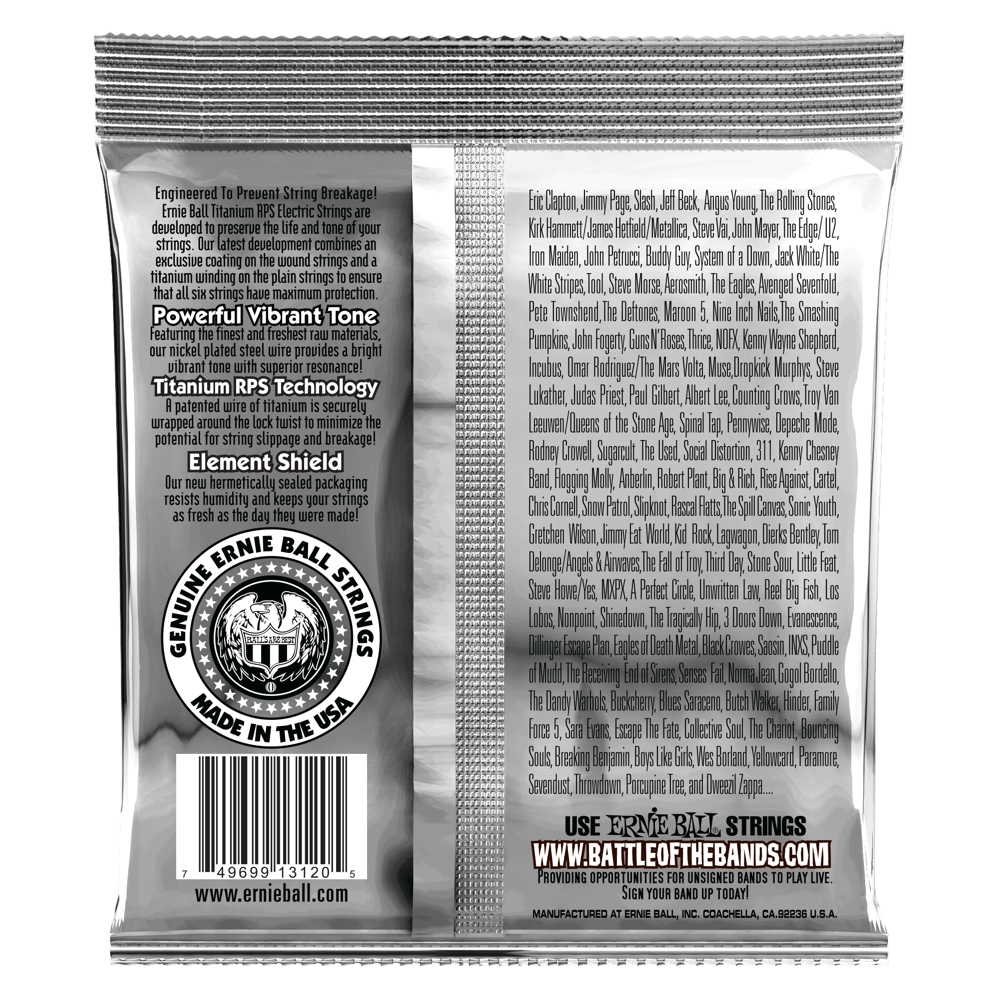 Ernie Ball electric guitar strings packaging with brand details on a black background