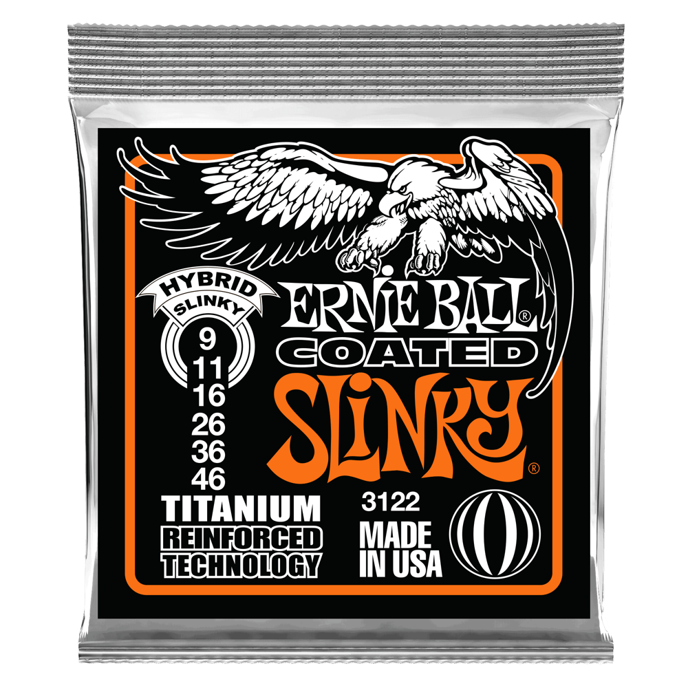 Ernie Ball guitar string pack with eagle logo on a black background