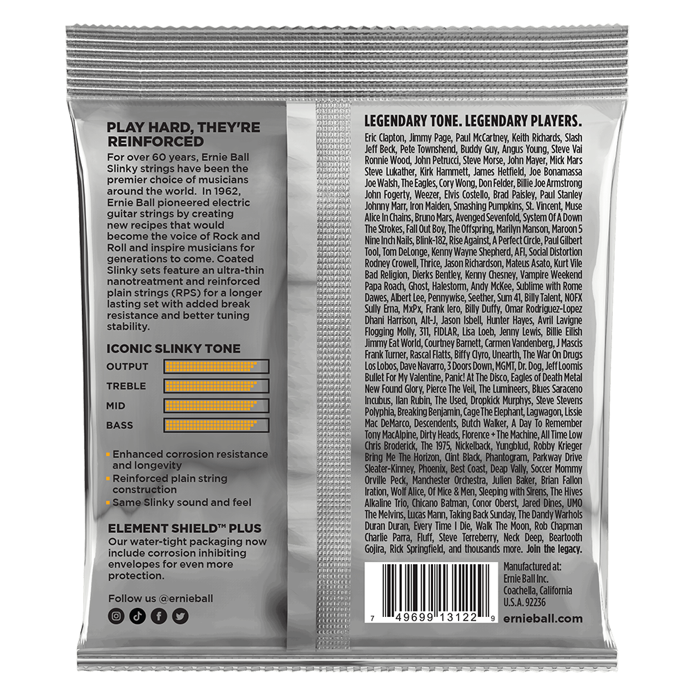 Ernie Ball guitar string packaging with product details and branding.
