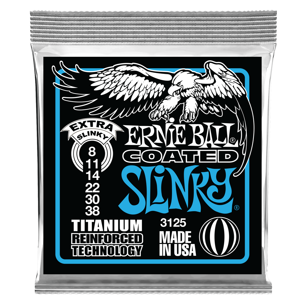 Ernie Ball guitar string packaging with an eagle illustration on a black background