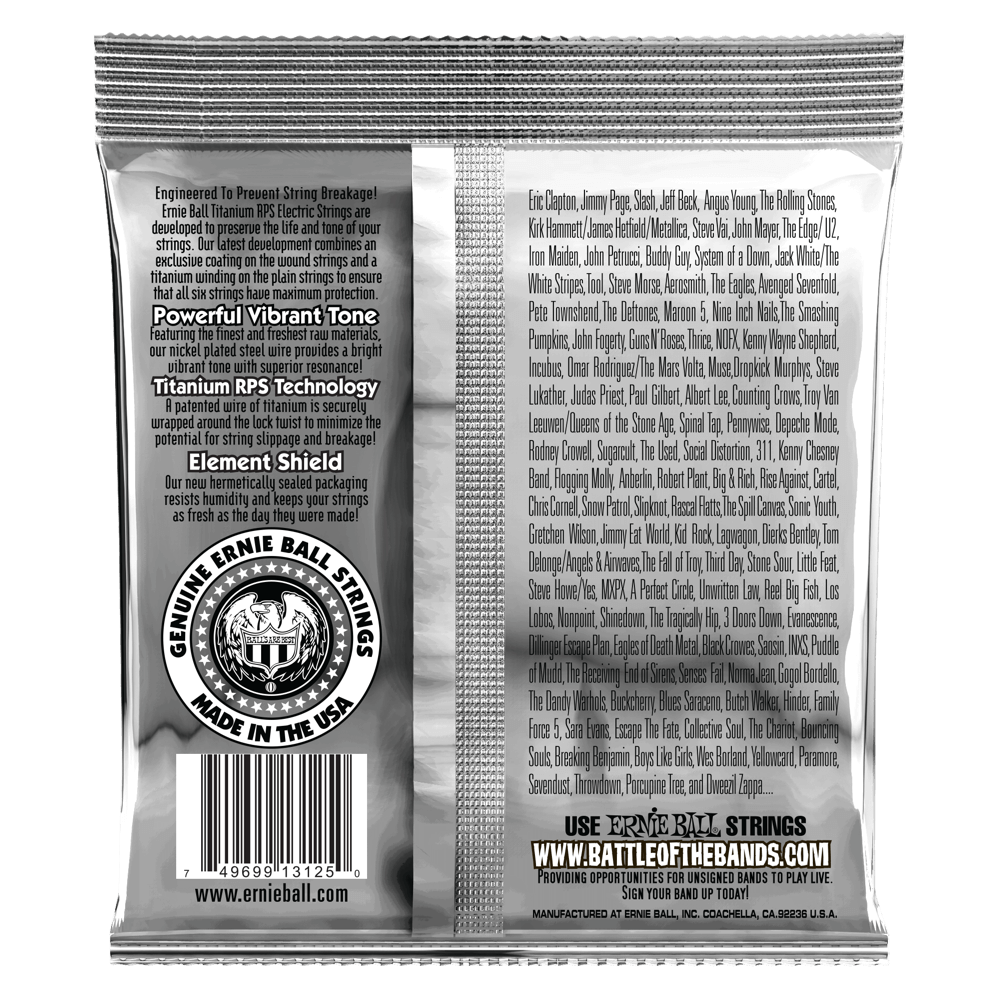 Ernie Ball guitar string packaging with product details and branding on a black background