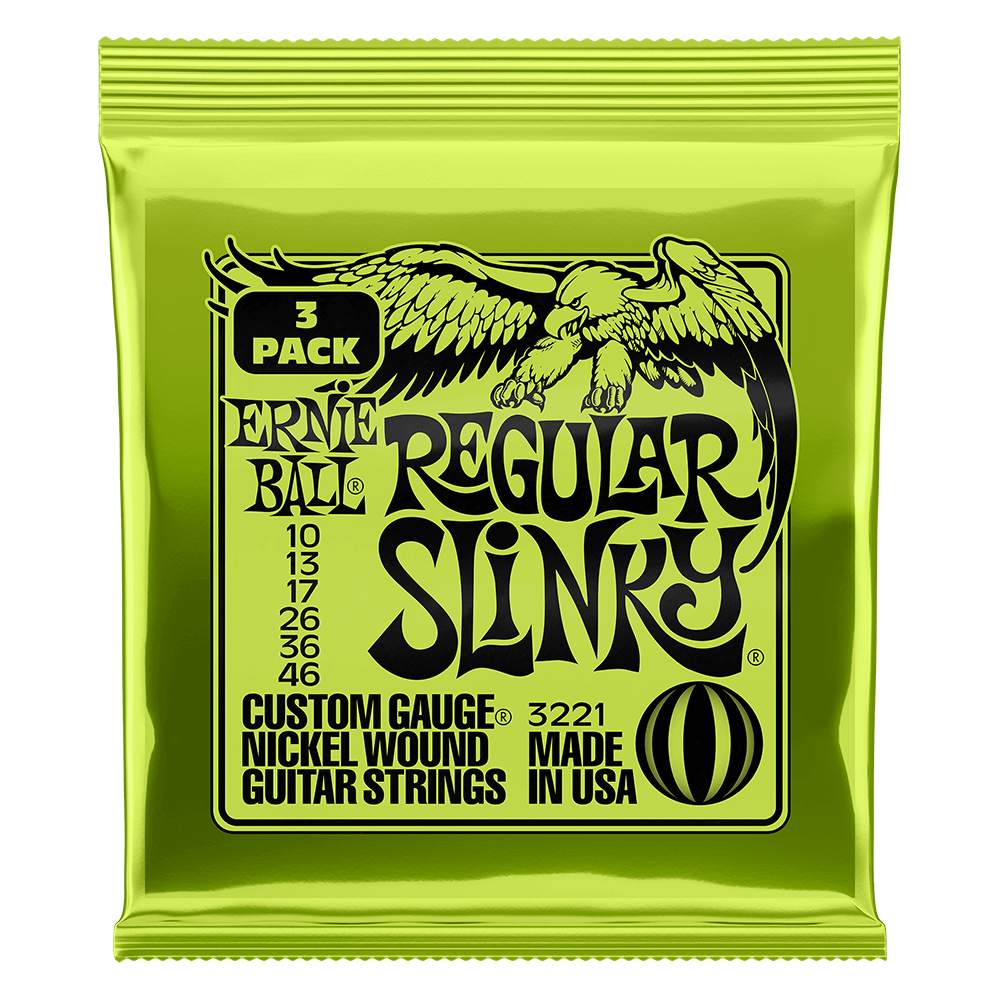 Ernie Ball Regular Slinky guitar string pack on a black background