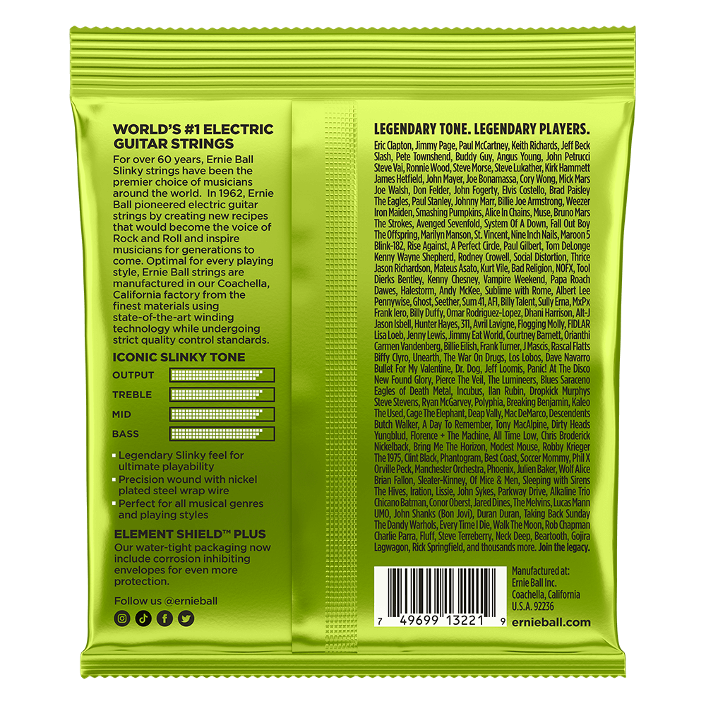 Back of a guitar string packaging with text and product details on a green background
