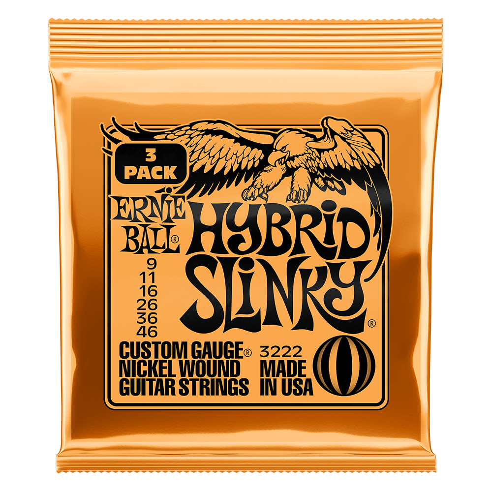 Ernie Ball Hybrid Slinky guitar strings packaging on a black background