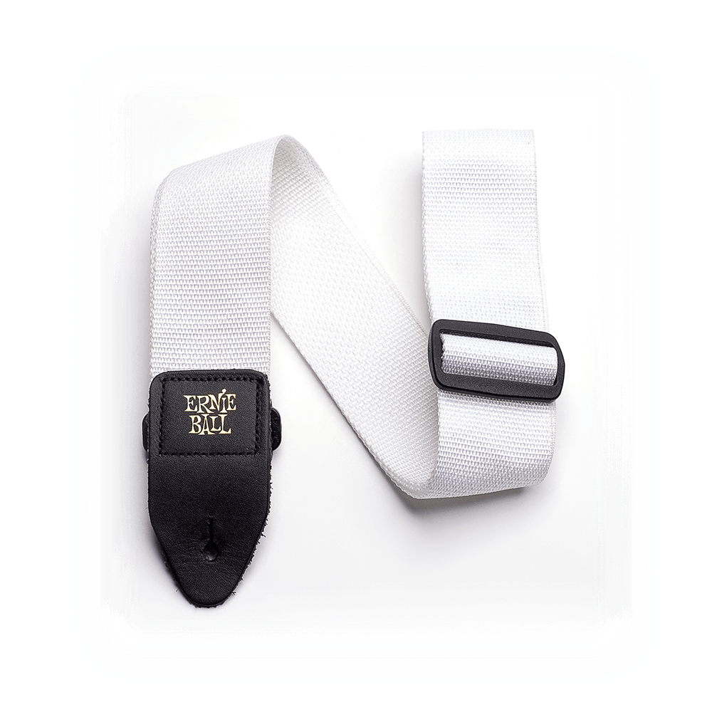 White guitar strap with black Ernie Ball logo on a white background