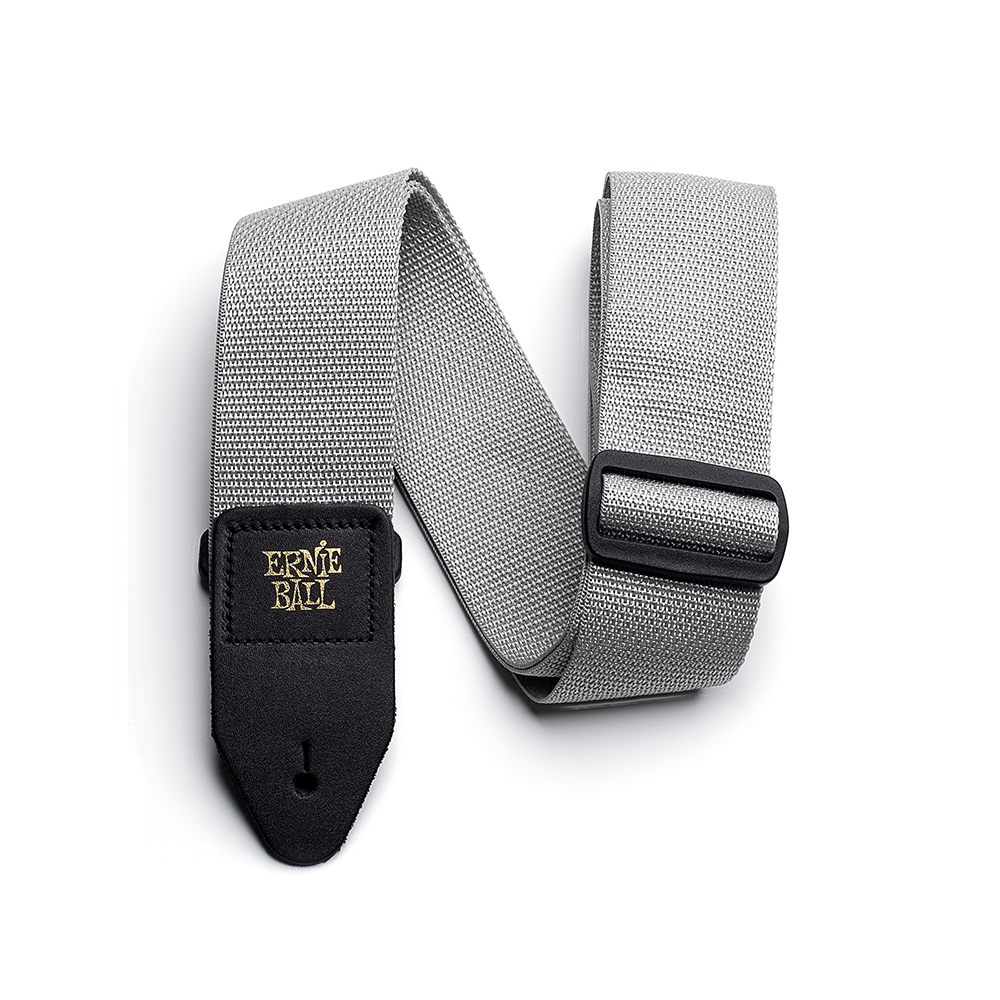 Gray guitar strap with black buckle and gold Ernie Ball logo on a white background