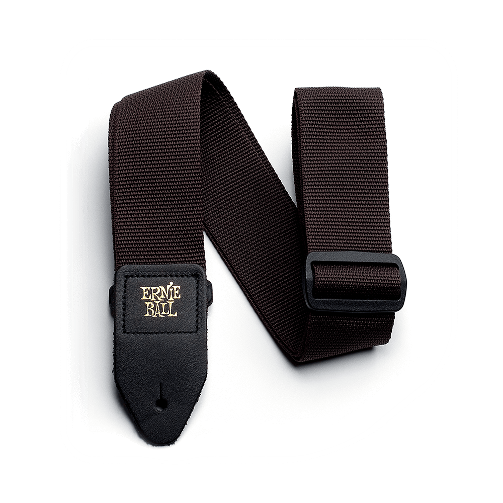 Brown guitar strap with Ernie Ball logo on a white background