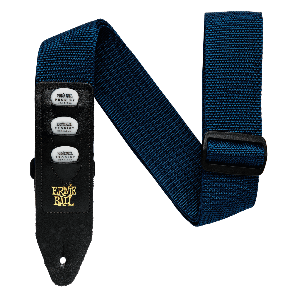 Blue guitar strap with Ernie Ball branding and three pickholders on a black background