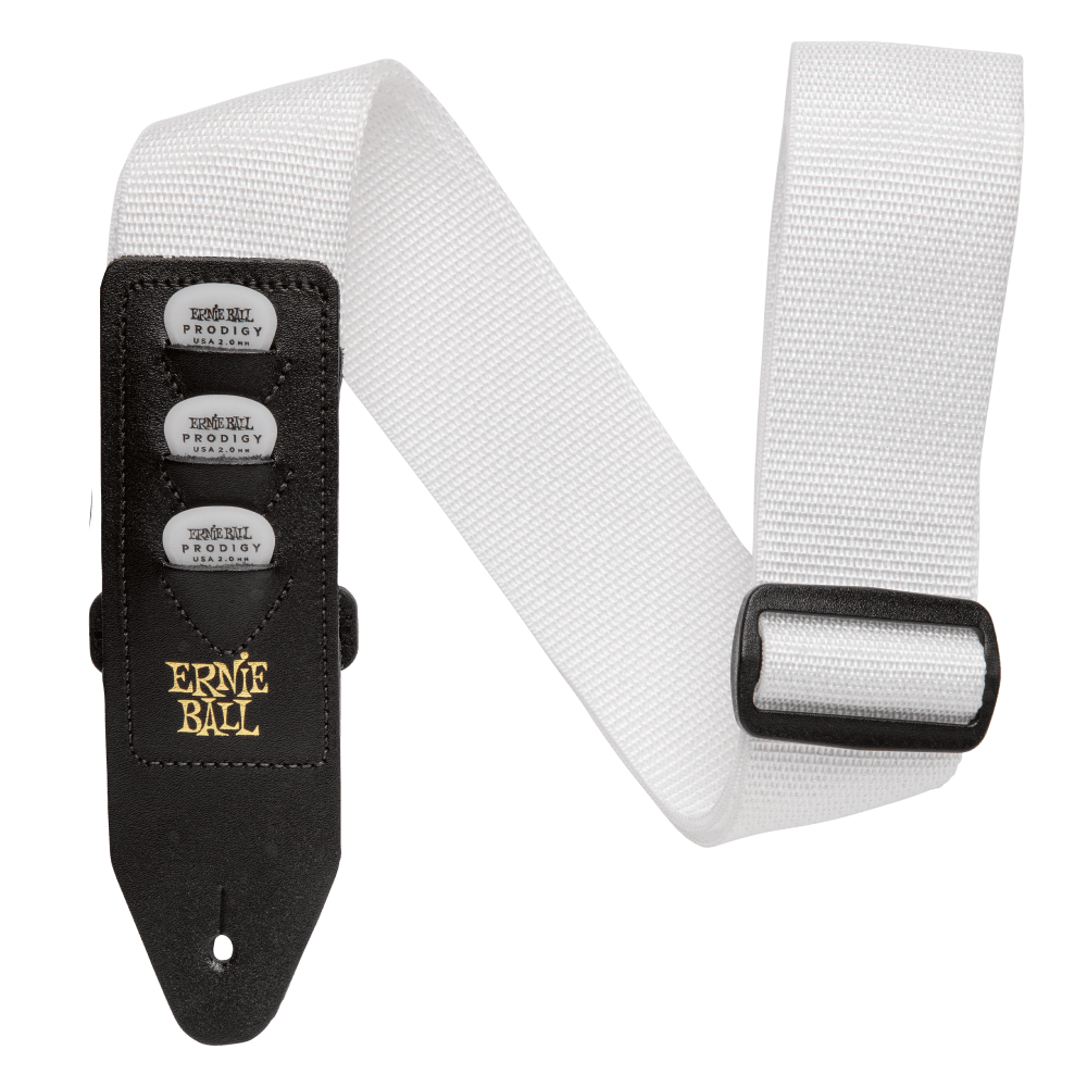 White guitar strap with black Ernie Ball strap tab on a white background