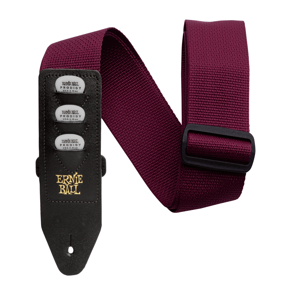 Burgundy guitar strap with black strap adjuster and Ernie Ball logo on a white background