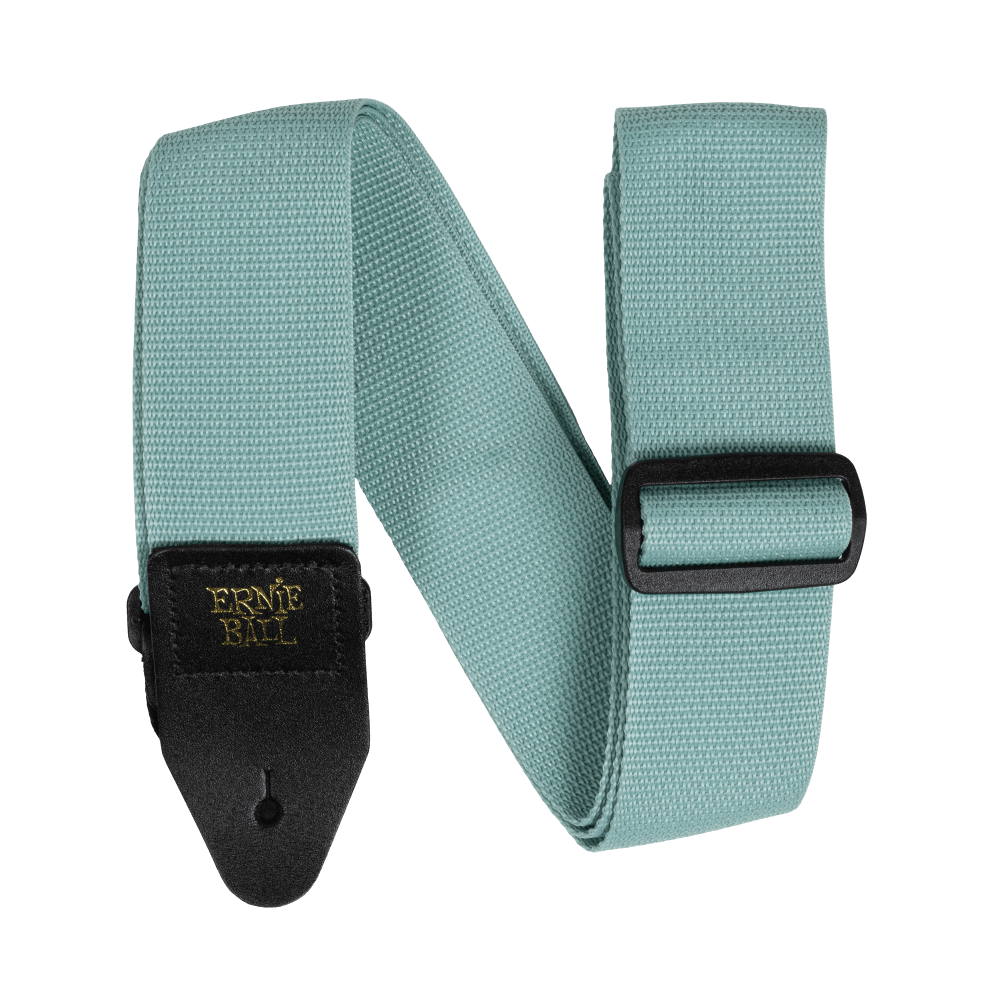 Teal guitar strap with Ernie Ball logo on a black background