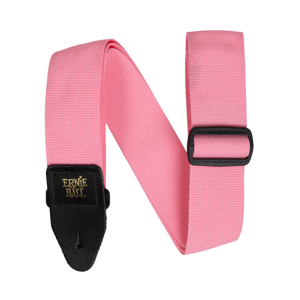 Pink guitar strap with black buckle and gold Ernie Ball logo on a white background