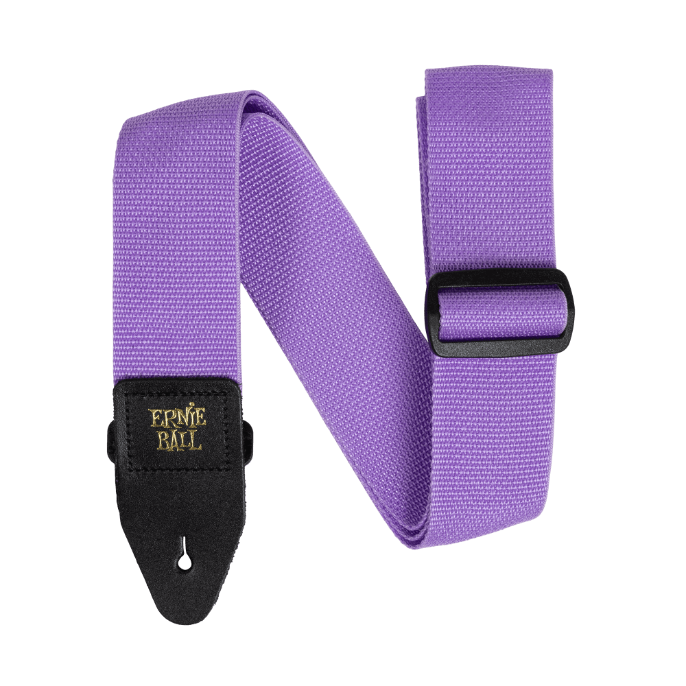 Purple guitar strap with black Ernie Ball logo on a black background