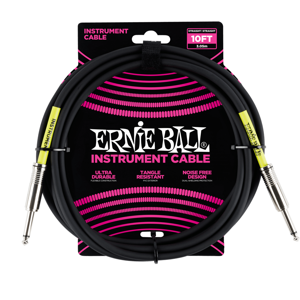 Ernie Ball instrument cable with packaging on a black background