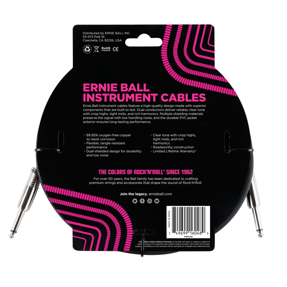Ernie Ball instrument cable packaging with pink and white design on a black background