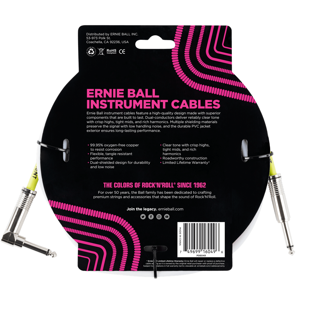 Ernie Ball instrument cable packaging with pink and black design