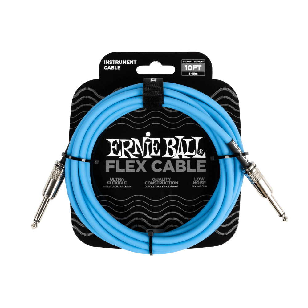 Ernie Ball flex cable packaging with blue cable and black label on a white background