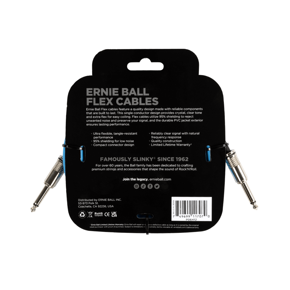 Ernie Ball flex cable packaging with product details on a black background