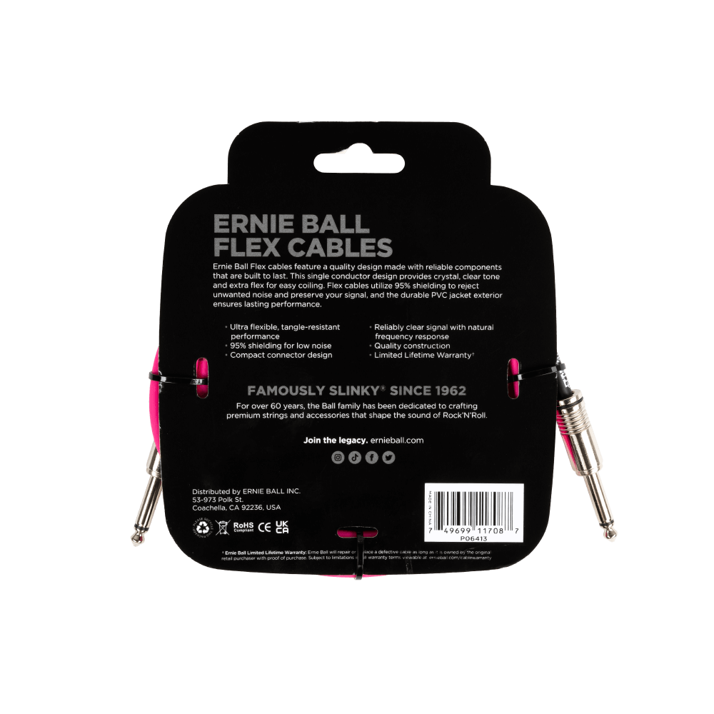 Ernie Ball flex cable packaging with branding and product details on a black background