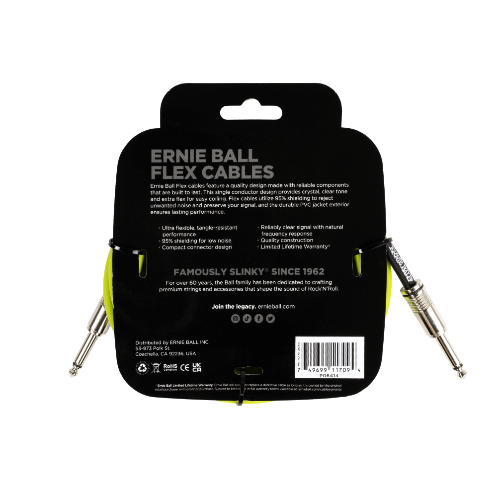 Ernie Ball flex cable packaging with product details on a black background