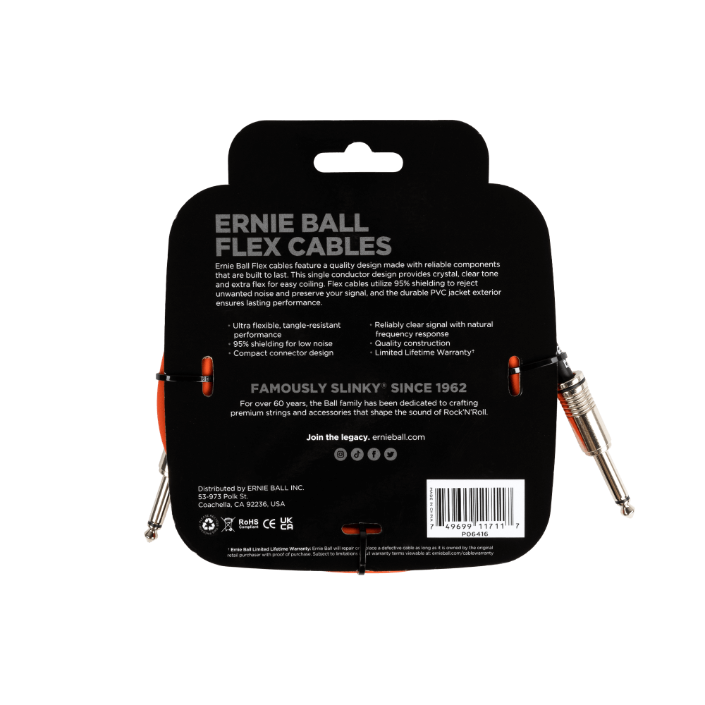 Ernie Ball flex cable packaging with product details on a black background