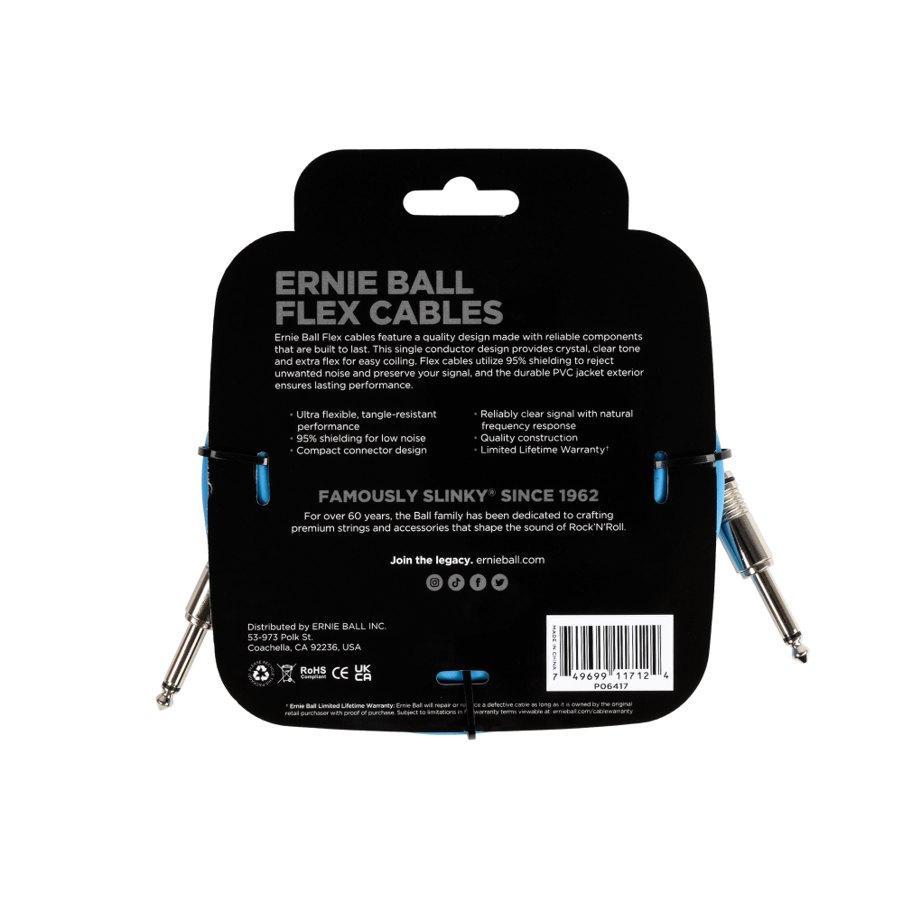 Ernie Ball Flex cables packaging with product details on a black background