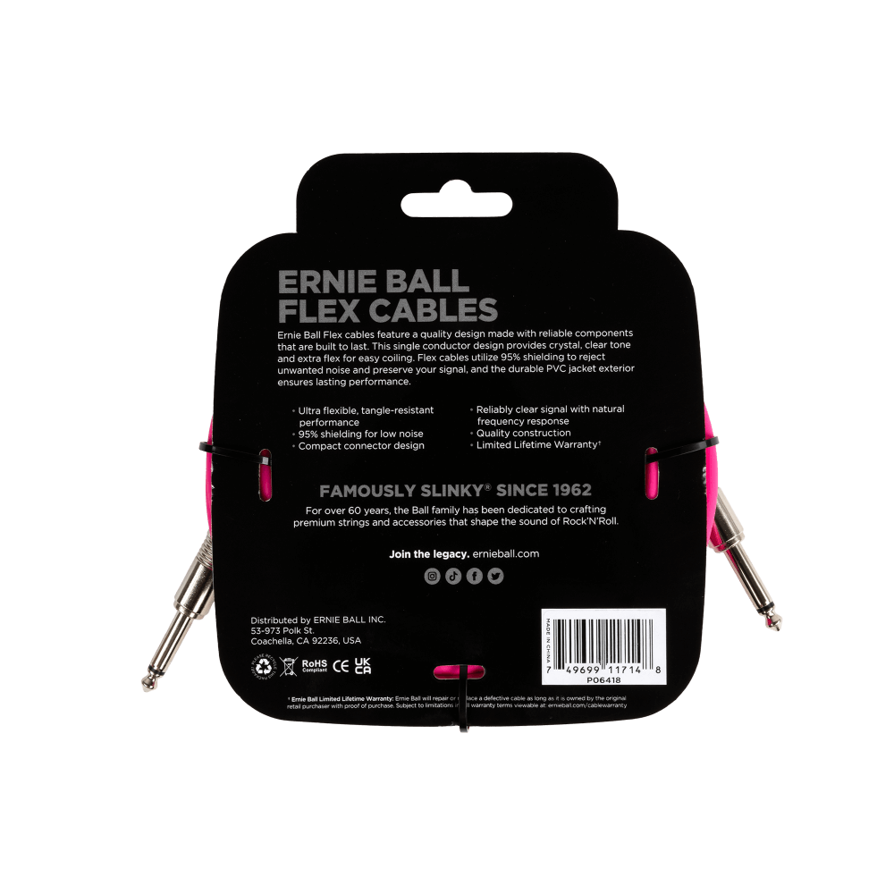 Ernie Ball flex cable packaging with product details on a black background