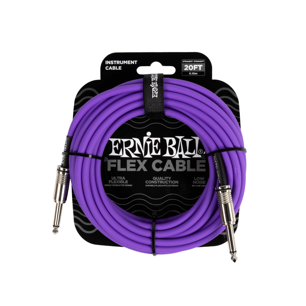 Ernie Ball flex cable packaging with purple cable on a black background