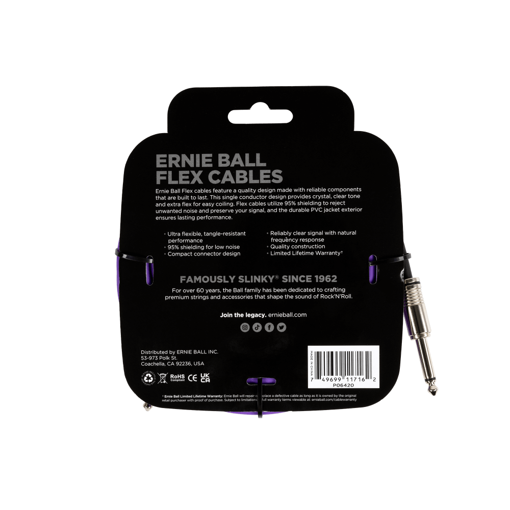 Ernie Ball flex cable packaging with product details on a black background