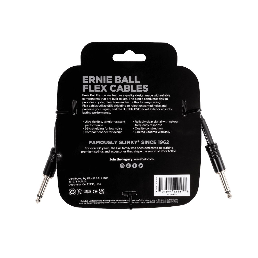 Ernie Ball Flex Cables packaging with branding and product details on a black background