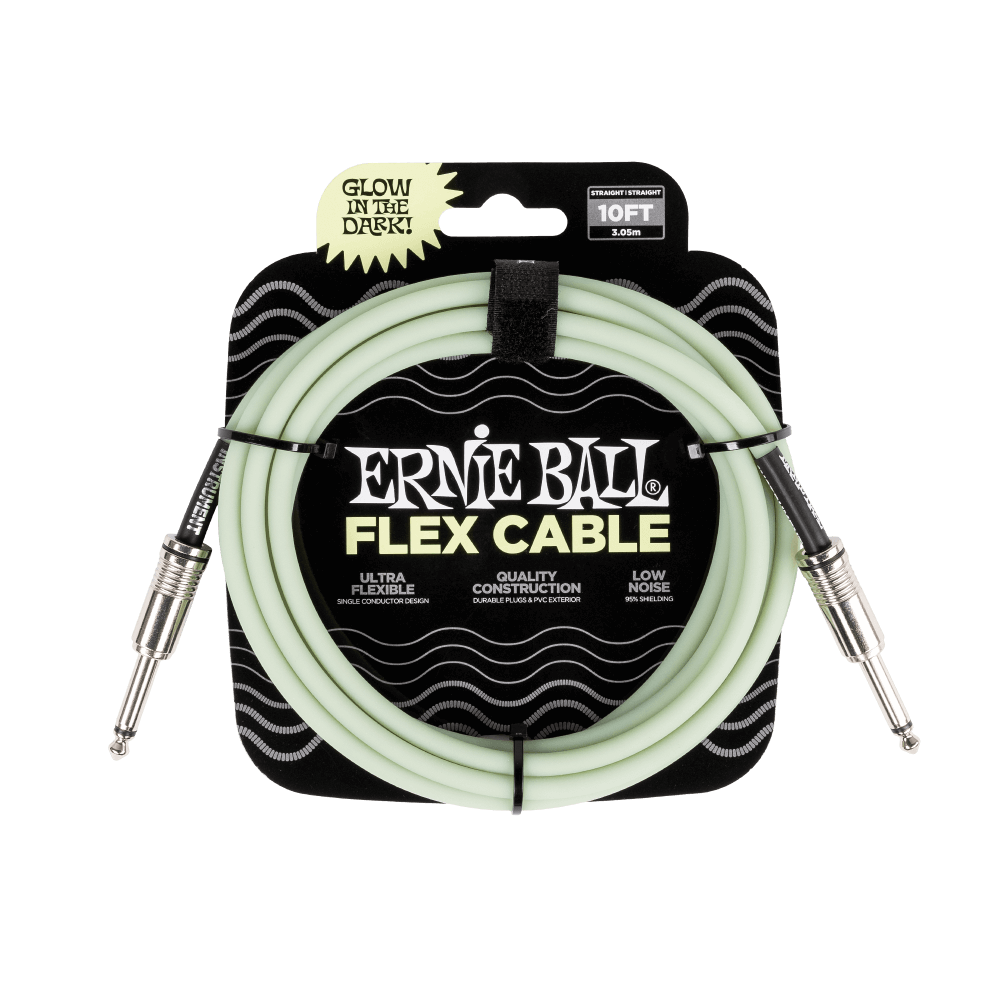 Ernie Ball flex cable packaging with glow-in-the-dark feature on a black background