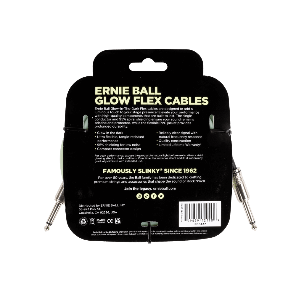 Ernie Ball Glow Flex Cables packaging on a black background