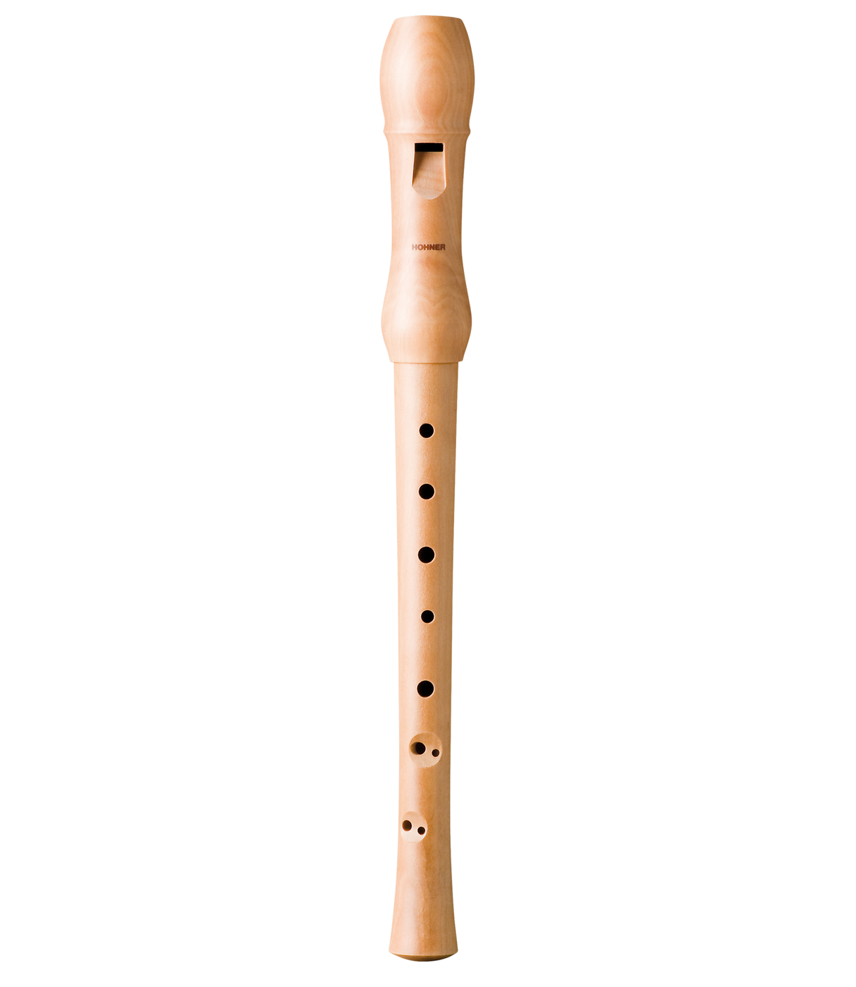 The image shows a light-colored wooden soprano recorder with a polished finish, featuring baroque-style fingering with 8 tone holes (7 front, 1 thumb). It has a wooden beak mouthpiece and three-piece construction with visible joints. The "HOHNER" brand is visible, indicating quality craftsmanship. Wooden recorders like this are favored in music education and by professionals for their warm, resonant tone.