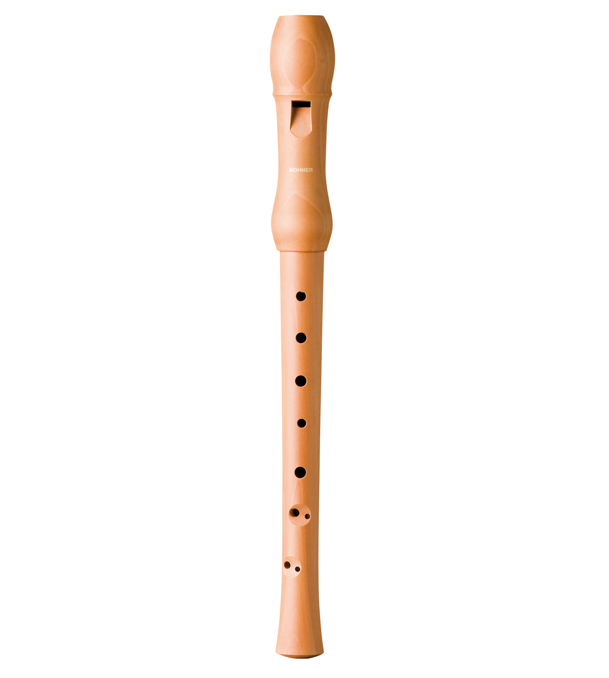 The image shows a wooden recorder with a light brown finish. It has a cylindrical, tapered body with multiple finger holes and a visible thumb hole. The traditional mouthpiece features a windway opening. Some branding is visible near the top. Based on its size, it appears to be a soprano recorder, a common woodwind instrument used in music education and early music performances.