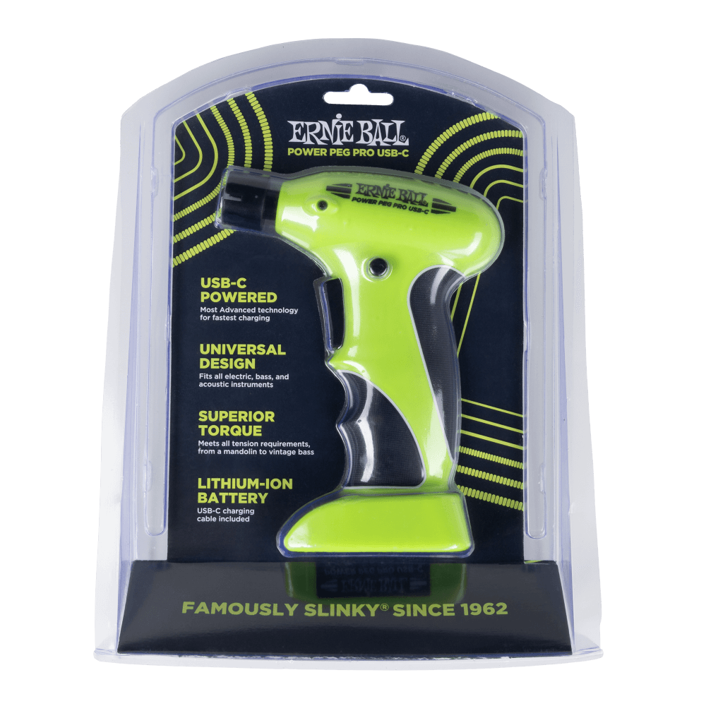 Ernie Ball Power Peg Pro USB-C packaging with a green tool inside