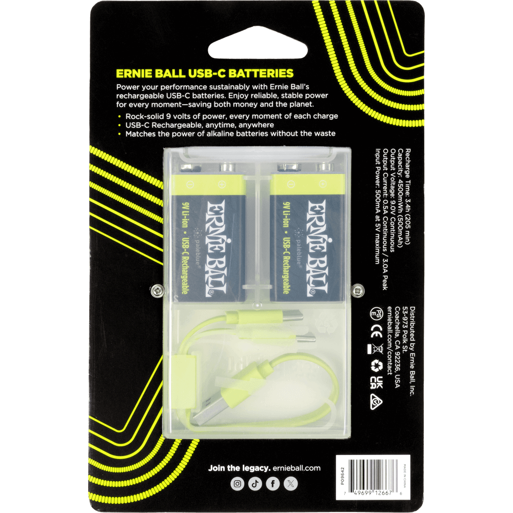Ernie Ball USB-C 9V batteries packaging with yellow accents on a black background