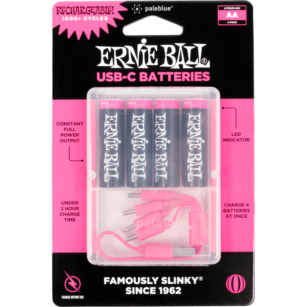 Ernie Ball USB-C AA batteries packaging with four batteries and a charger on a pink and black background.