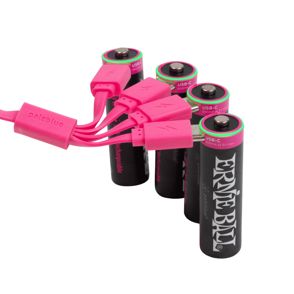 Ernie Ball rechargeable USB-C AA batteries with USB-C charging cable connected to batteries