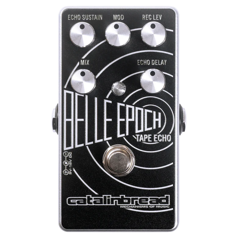 The image shows the Catalinbread Belle Epoch Tape Echo, a compact guitar stompbox pedal that emulates vintage tape echo effects. It has five knobs—Echo Sustain, Mod (modulation), Reg Lev, Mix (dry/wet blend), and Echo Delay—plus a footswitch and status LEDs. With a black finish and white graphics, it offers classic echo sounds reminiscent of 1960s-70s tape echo machines like the Echoplex.