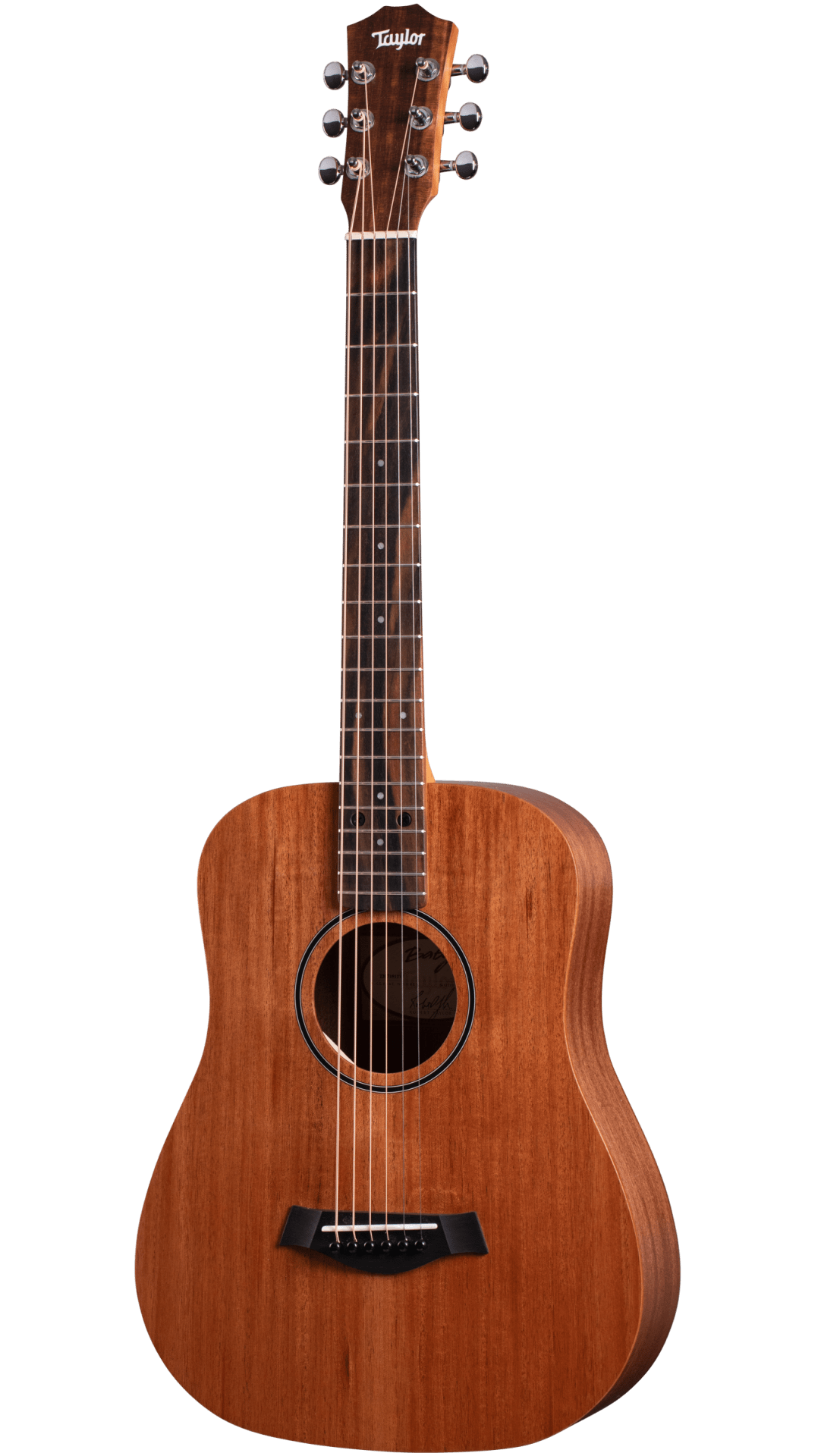 The image shows a Taylor dreadnought-style acoustic guitar with a natural reddish-brown wood finish. It features a 6-string steel setup, chrome tuning pegs, black bridge, traditional soundhole with a simple rosette, and a fretboard with dot markers. The classic dreadnought body highlights Taylor’s quality craftsmanship and balanced tone typical of their reliable, solid wood acoustic guitars.