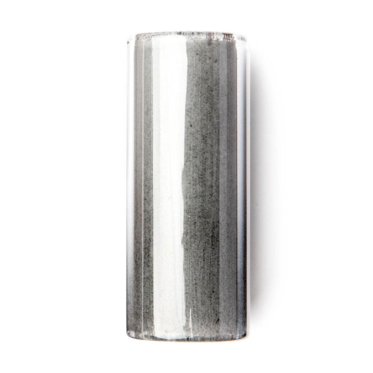 A cylindrical glass guitar slide on a white background.