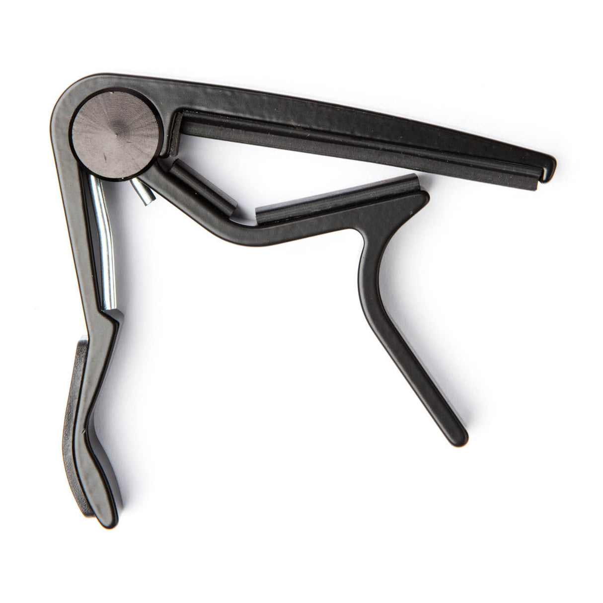 Metallic guitar capo on a white background