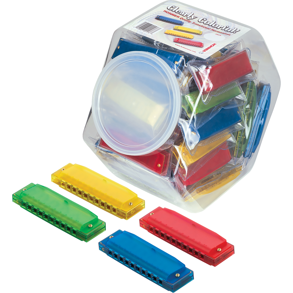The image shows a set of colorful harmonicas labeled "Clearly Colorful Harmonica Set" inside a clear plastic container. Several individual harmonicas in bright red, blue, yellow, and green are displayed outside the container, revealing their rectangular shape with air holes. These basic diatonic harmonicas are likely beginner-friendly, suitable for music education or group activities, with the clear jar allowing easy storage and visibility.