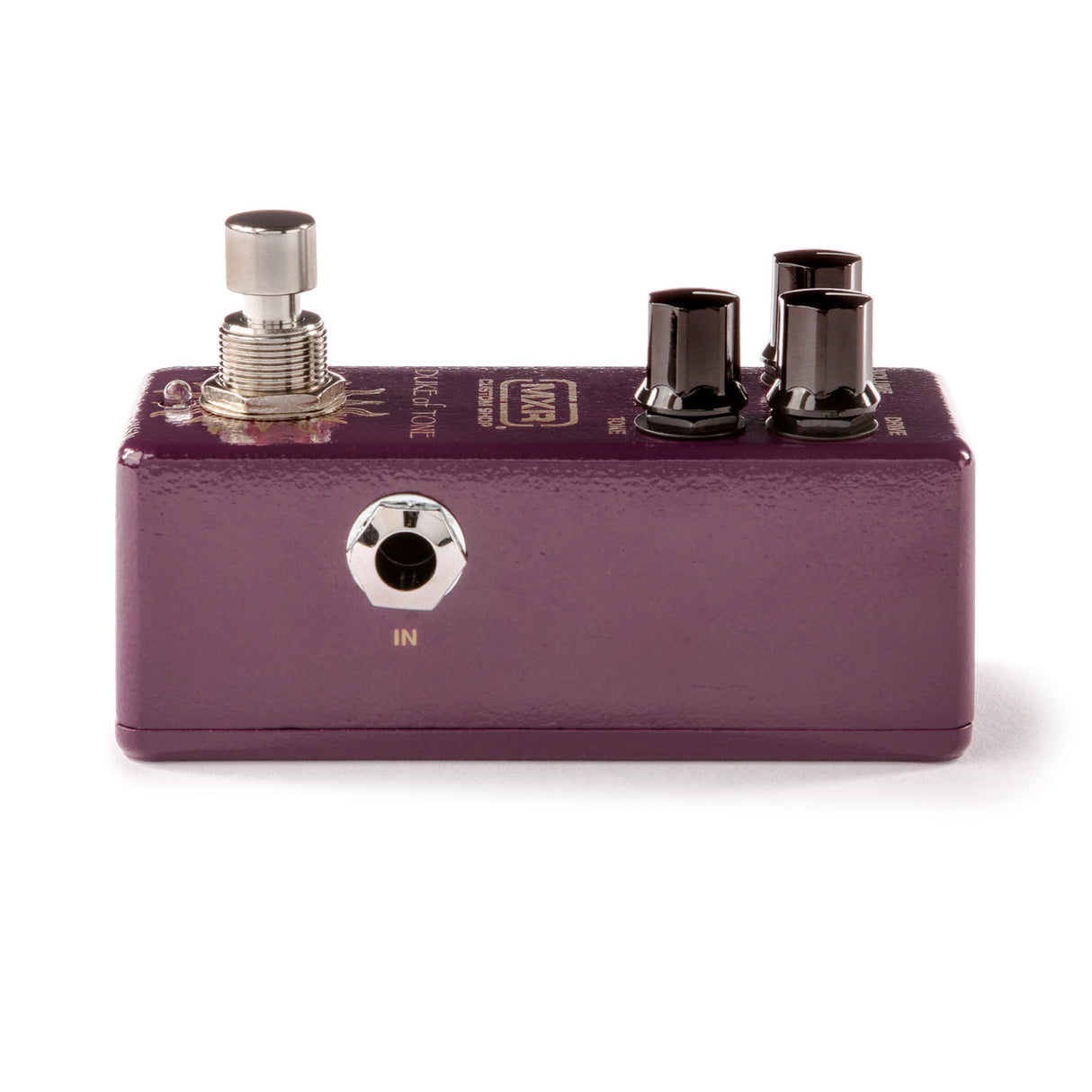 The image shows a compact, purple/burgundy guitar effects pedal with a metal enclosure. It features one silver footswitch on the left, two black control knobs on the top right, and an input jack labeled "IN" on the front. The pedal has standard 1/4" audio jacks for guitar and amp connections, with some text on the top surface. This stompbox-style pedal is used by musicians to alter guitar sound effects during performances.